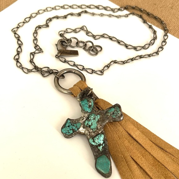 NEW Jamie Dietrich Silver Turquoise Cross Tan Tassel Stainless Steel Necklace - Picture 5 of 14